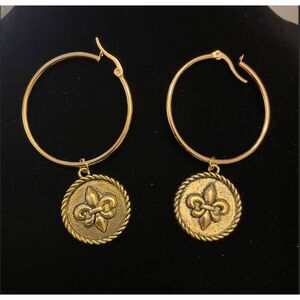 Gold Hoop Earrings with Fleur de Lis Charms